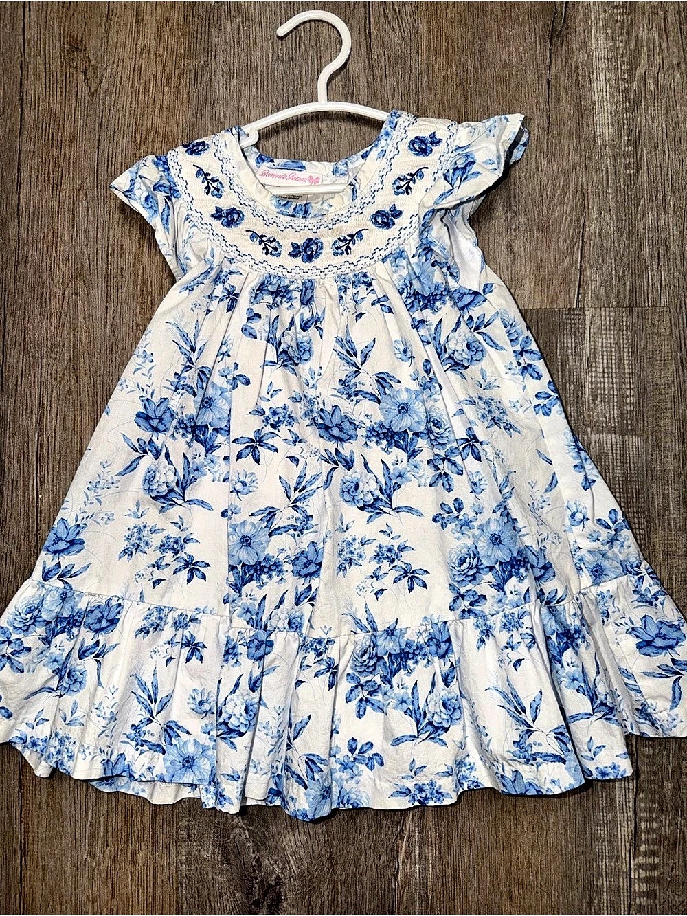 Girls Floral Dress in White & Blue